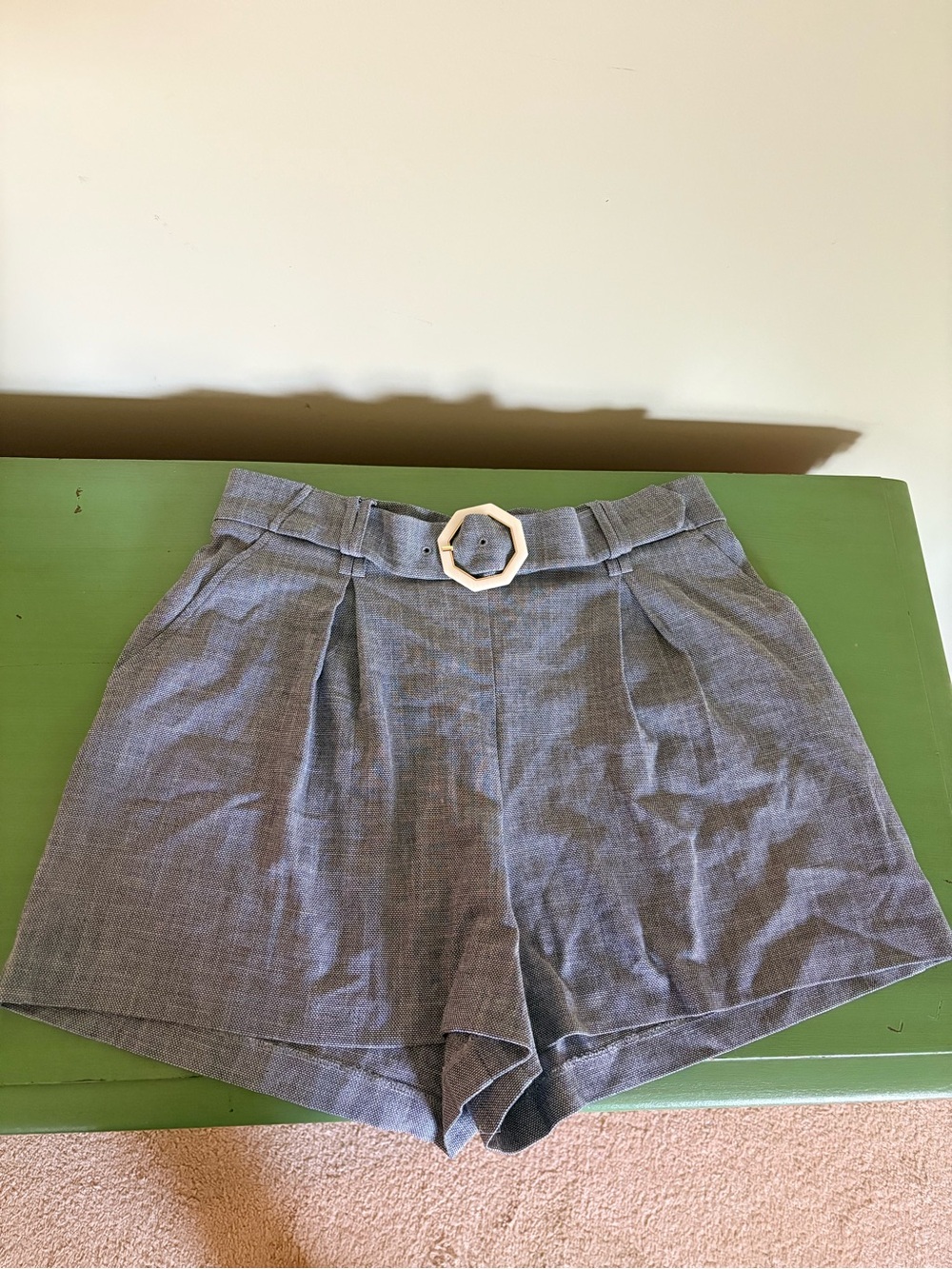 Rachel Zoe Gray High-Waist Pleated Shorts with Octagon Buckle